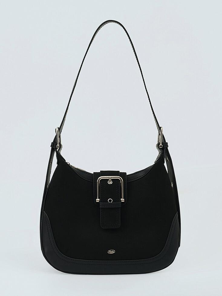 Suede Big Buckle Shoulder Bag (Black)