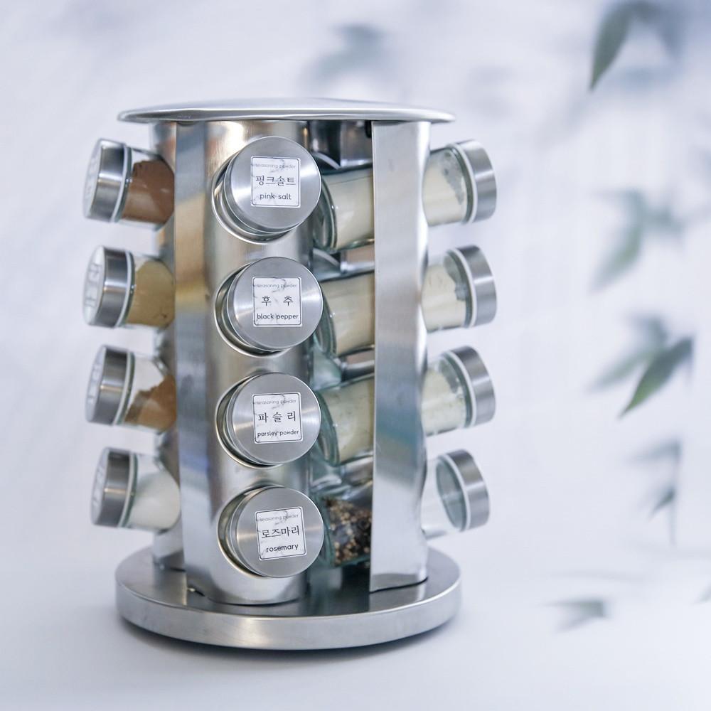바넬로 스텐 회전 양념통 세트 내열 유리 양념병 16P 조미료통 라벨지