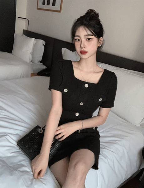 [delight made] 스퀘어넥 반팔 트위드 원피스