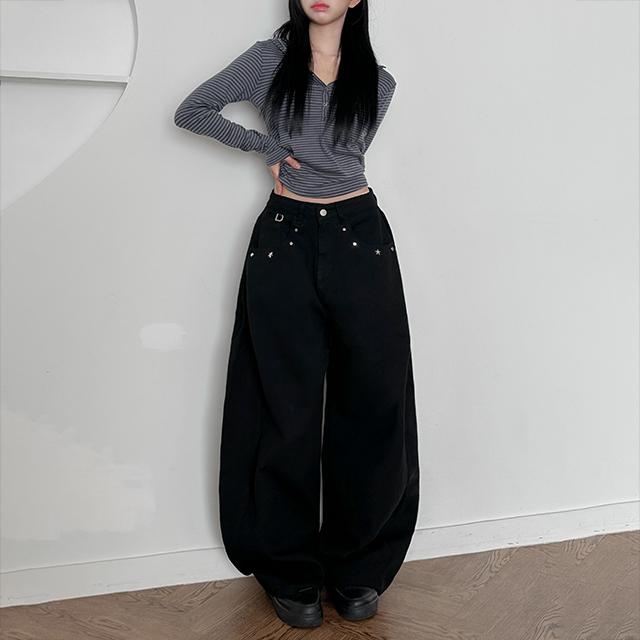 라이니 [MADE/고퀄리티🖤] 자체제작 사이드핀턱 스터드 코튼 팬츠 D링 키링 데이트룩 가을팬츠 겨울팬츠 겨울신상 리벳 스터드 별 포인트 스터드찡 mb-8058c