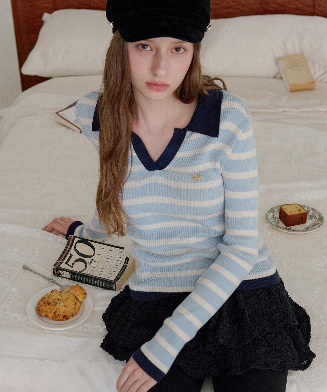 [ Coming soon 08.25 11:00am ] Striped Slim Fit Collar Knit ( Sky Blue )