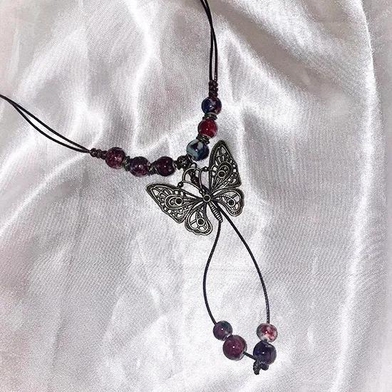 모리룩 🌳 빈티지 오리엔탈 히피 나비 비즈 매듭 끈 롱 목걸이