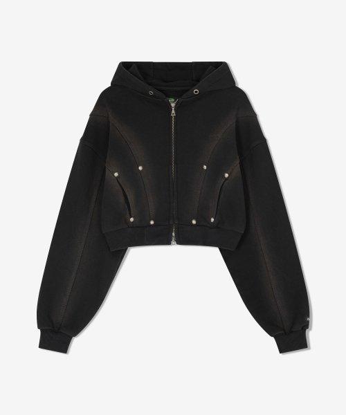 [WOMENS] SPRAY WASHED CROP HOODIE ZIP UP BLACK