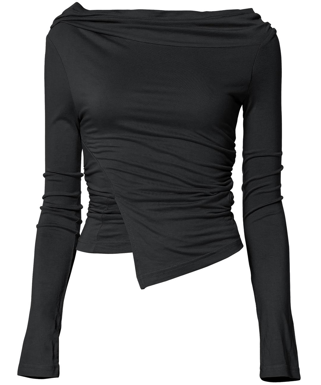 Layered Draped One-Shoulder Long Sleeve (FL-184_Black)