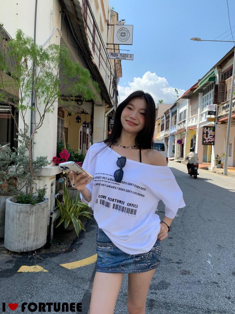 레터링 원숄더 루즈 반팔 티셔츠