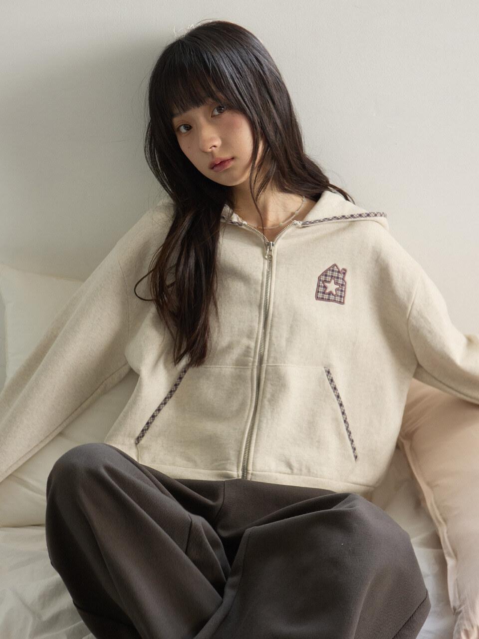 [1st] W HOME CHECK HOOD ZIP-UP [OATMEAL]
