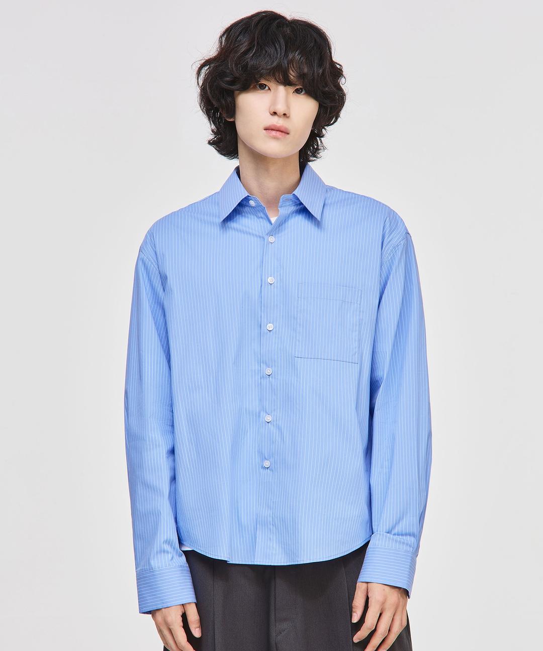 데일리 레귤러 스트라이프 포켓 셔츠[블루]