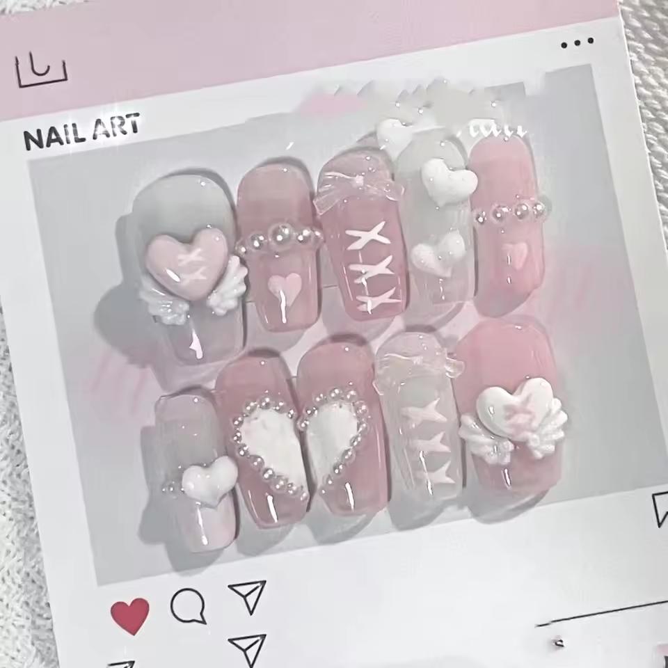 핑크 달콤한 천사 날개 러브 활 수제 매니큐어 착용 손톱, 스타버스트 매니큐어, 다목적 연인 요정 착용 가짜 손톱