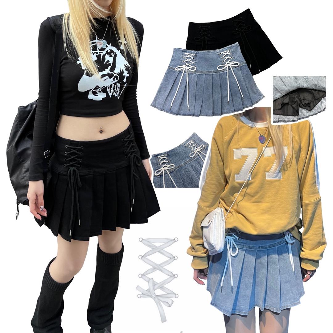 String eyelet ribbon pleats skirt (2color)