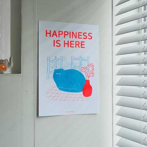 행복은 여기에 리소프린트 일러스트 포스터
