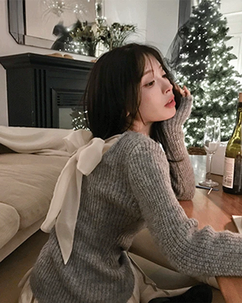 모네뜨 백 리본 새틴 point 니트 TOP