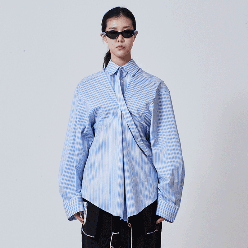 [222] Oversized Collar Tie Shirt - Blue