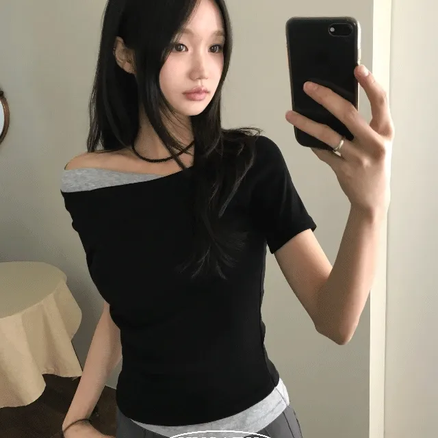 [반팔ver/배색레이어드] 카이 언발 배색 레이어드 반팔 티셔츠