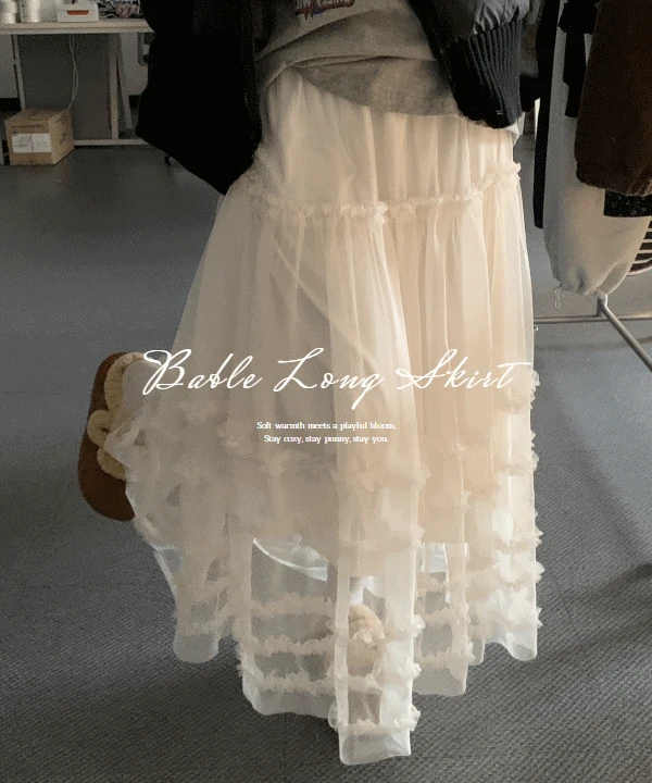 [자체제작]당일출고🚚[안감기모🔥/고급스러운/풍성한핏💖] 베이블 레이스 시스루 캉캉 샤 롱스커트 2 color 레이어드룩