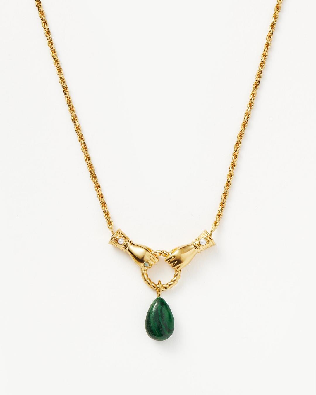 Harris Reed In Good Hands Drop Pendant Necklace | 18ct Gold Plated/Malachite & Pearl