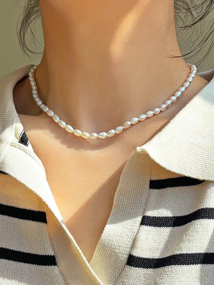 [무배] 실버925 밥풀 쌀알 못난이 천연 담수진주 레이어드 초커 목걸이