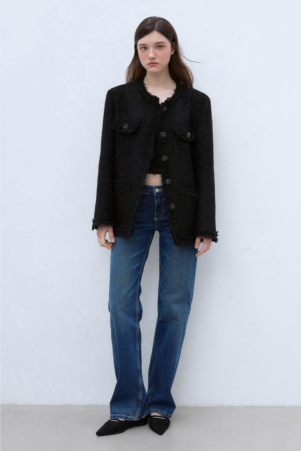 [3월 4일 이후 순차 예약 발송] VINTAGE TRIMMING GLOW TWEED JACKET (BLACK)
