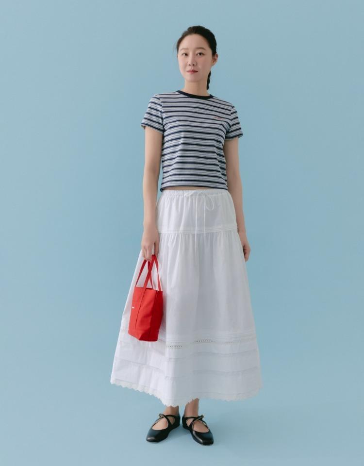 pintuck lace long skirt - white
