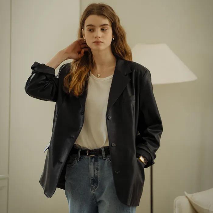 Faux leather classic three button single jacket_Black