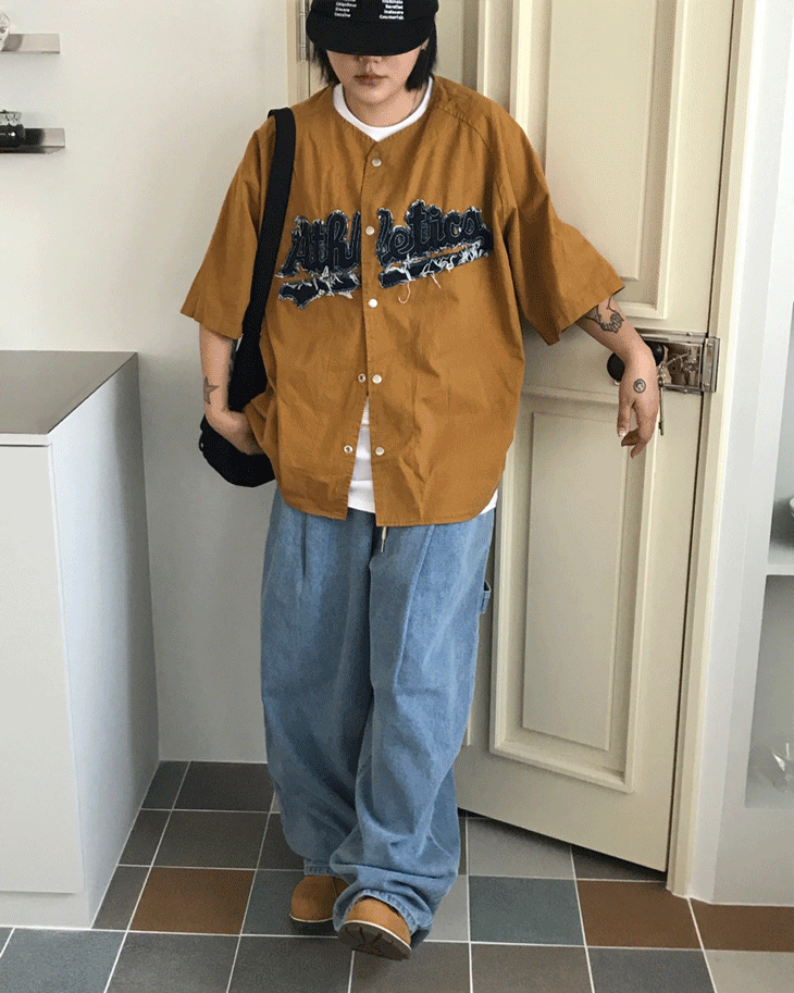 [unisex]데님 패치 베이스볼 반팔셔츠(3color)