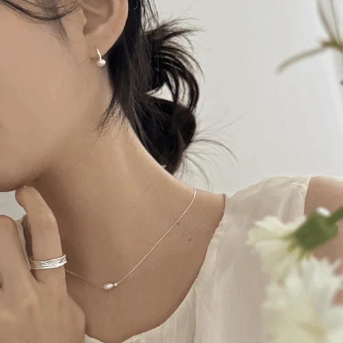 블링문 [silver 925] 담수 진주 미니 볼 목걸이 귀걸이 세트 / 웨딩 하객룩 데일리 심플 실버