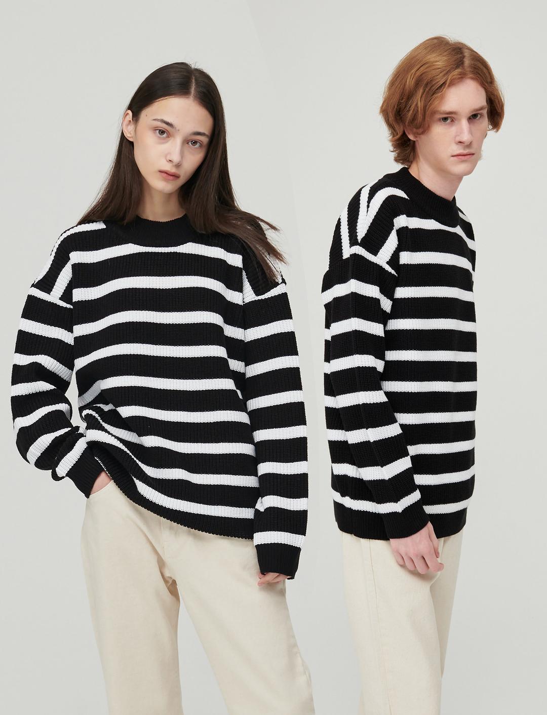 와플 스트라이프 모크넥 니트