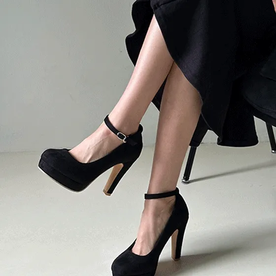 [🖤리뉴얼/빠른배송🖤] 폭신 라운드 가보시 메리제인 통굽 스웨이드 하이힐 구두(11cm)-3208