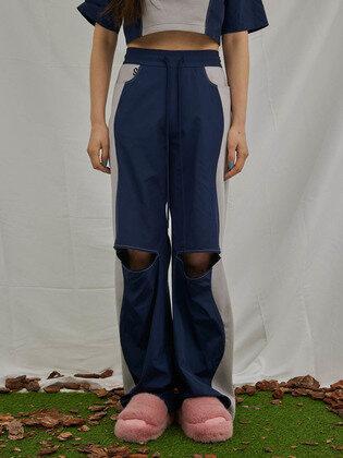 웨이브 면 배색 트랙 팬츠 네이비