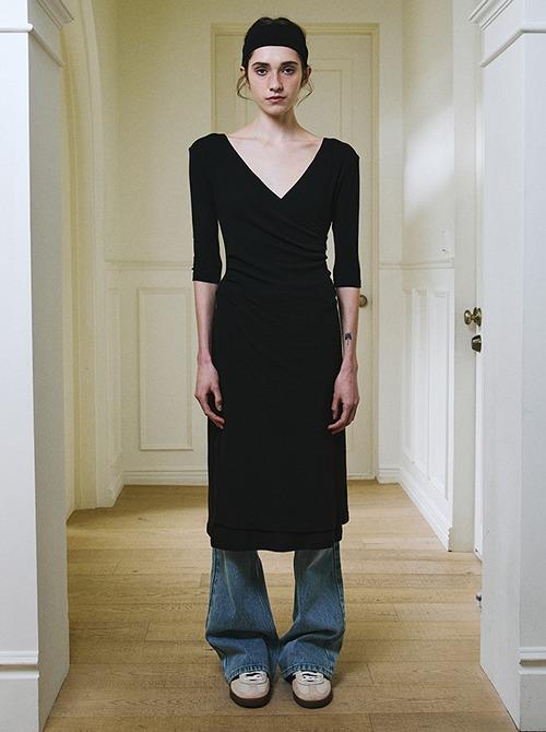 Shirring Wrap Dress (Black)