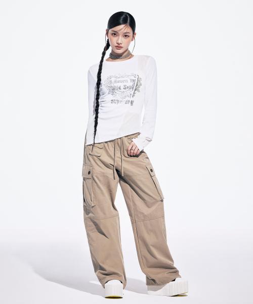 W 카고 와이드 팬츠 다크베이지