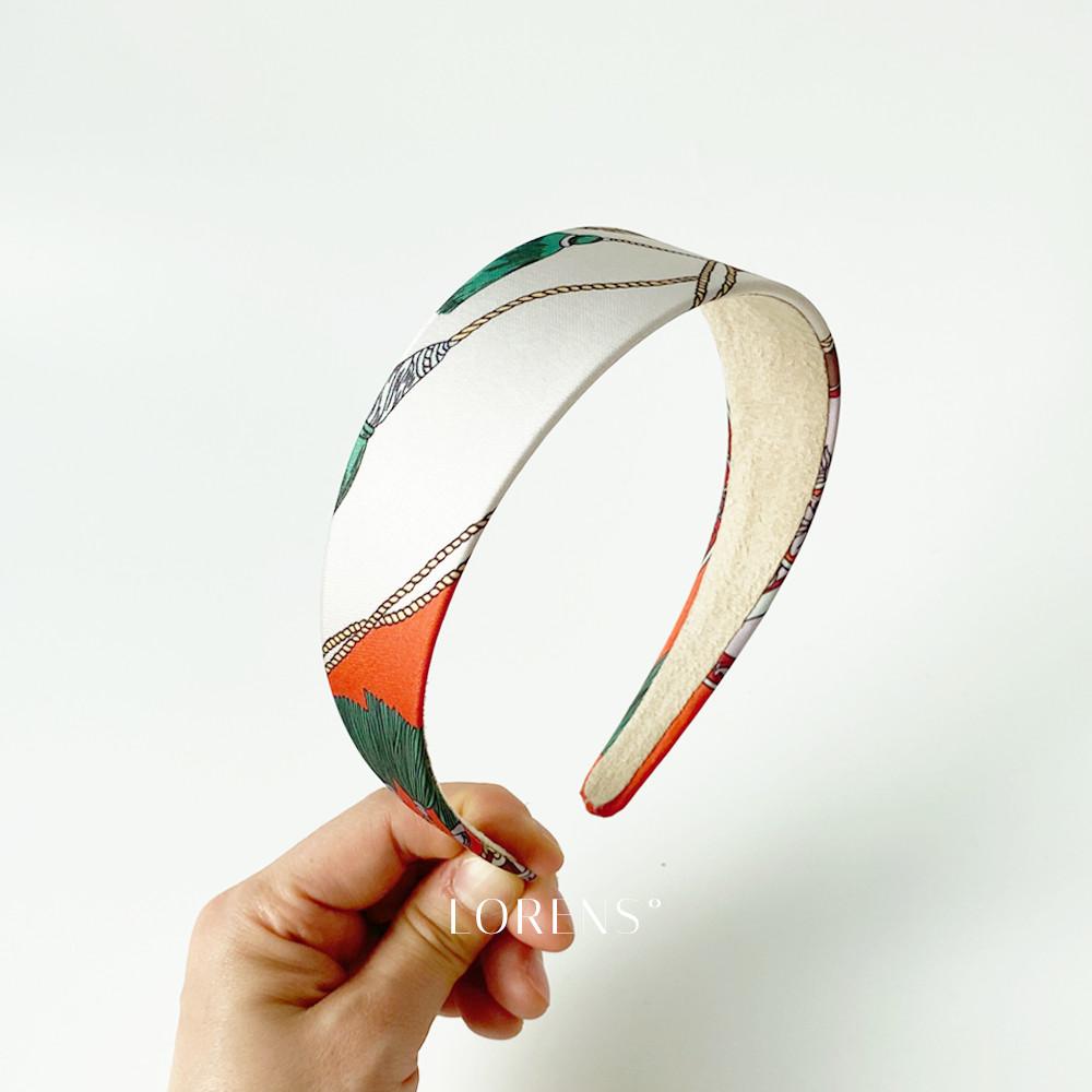 로렌스 팬지 실크 공단 와이드 머리띠 명품 패턴 핸드메이드 넓은 자체체작 고급 헤어밴드