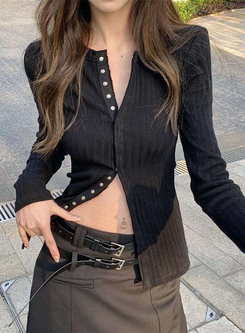 골지 가디건 버튼 똑딱이 단추 슬림한 라운드넥 니트 여리여리한 롱슬리브 간절기 긴팔 신축성