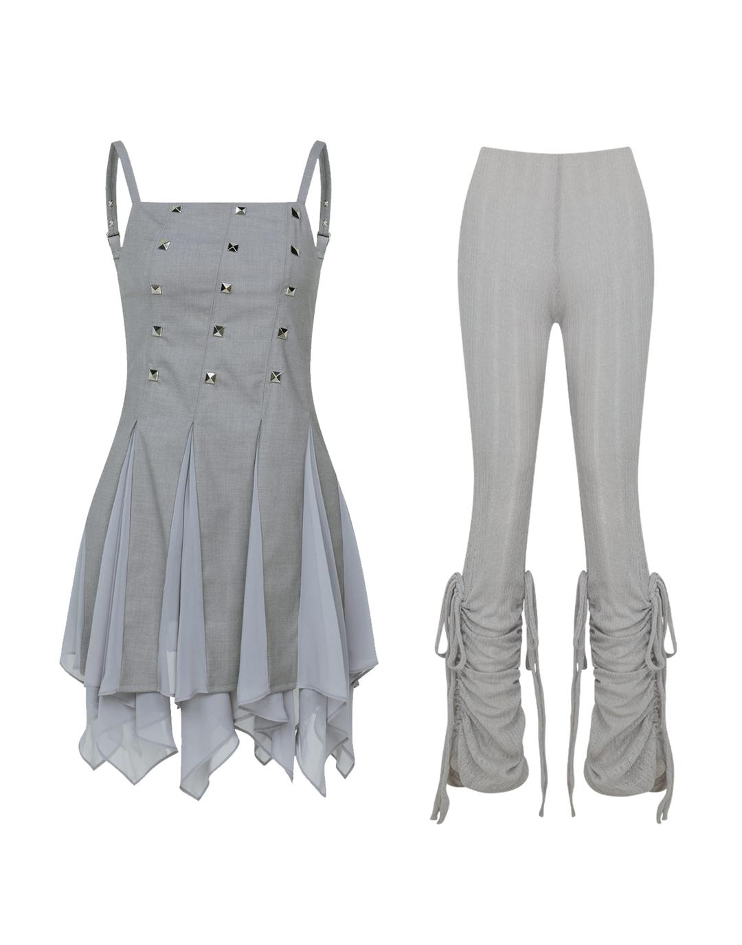 STUDDED GODET DRESS (GRAY) + KNIT LEGGINGS PANTS SET