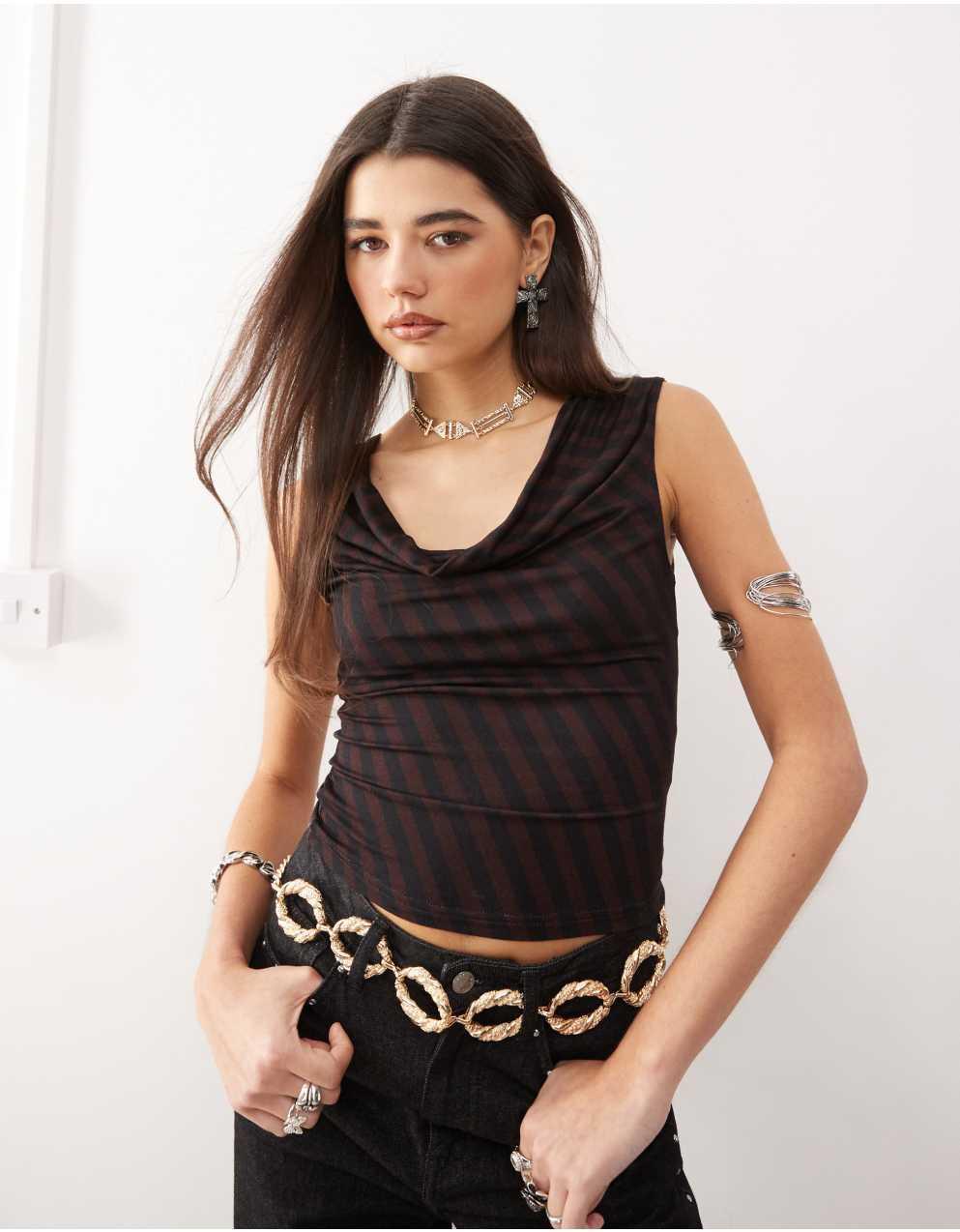 모텔 히카리 카울넥 스트라이프 탑 마룬