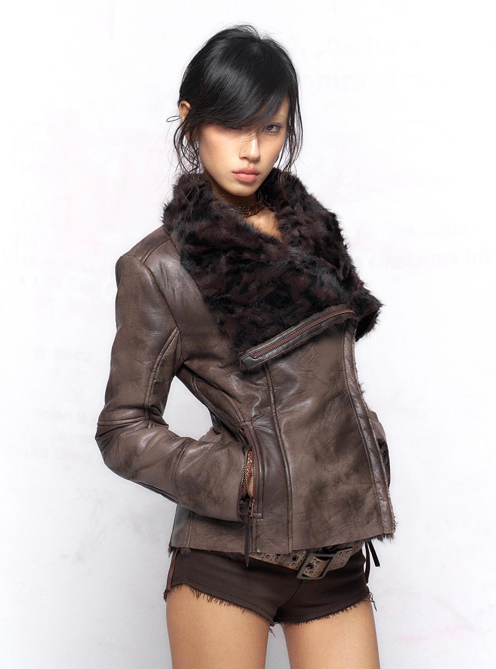 Camel Color Lamb Wool Big Collar Jacket