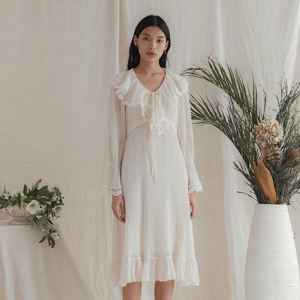[나루강]Soft Cotton Natural Wrinkled Lace Dress