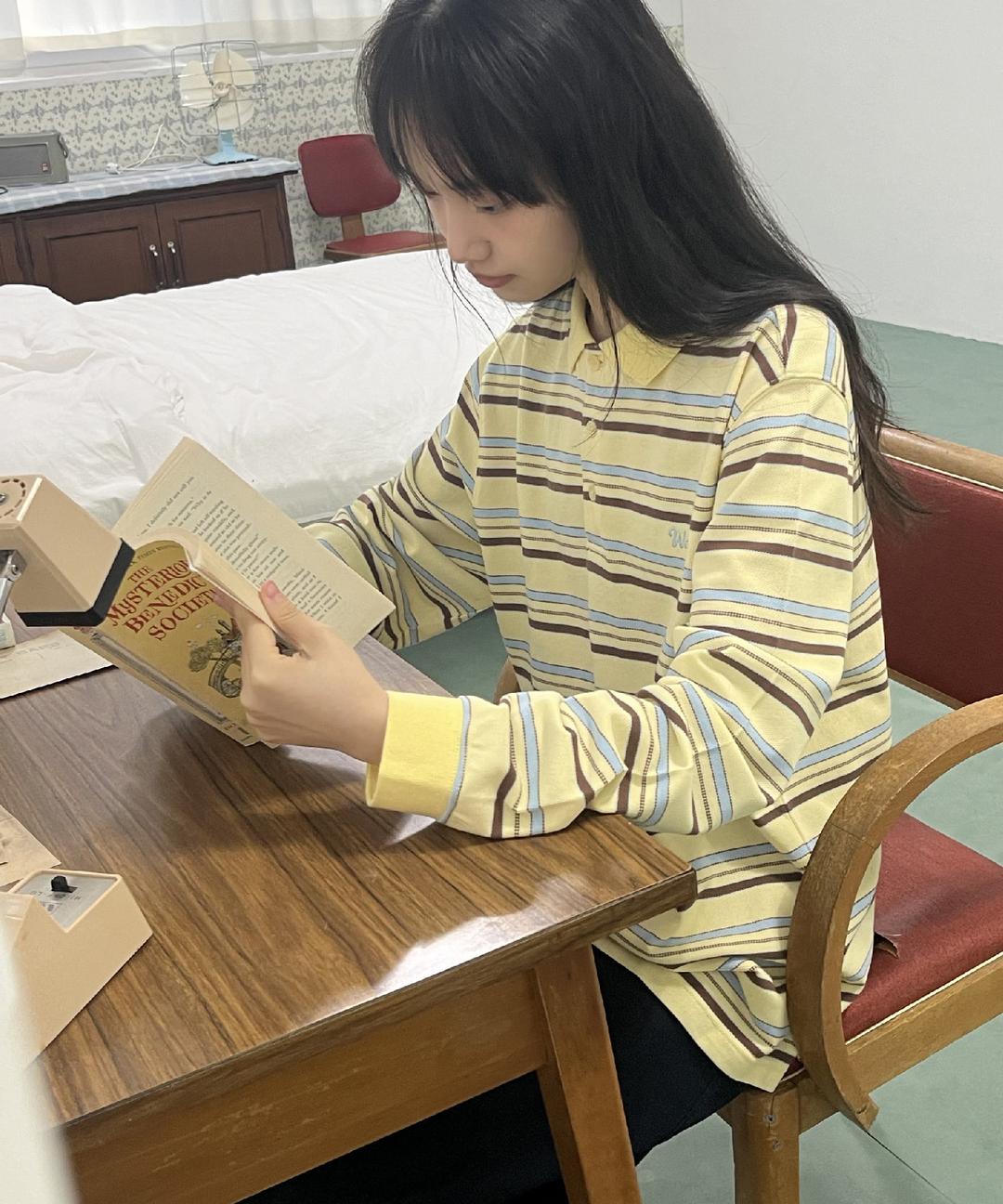 스트라이프 로고 피케 롱슬리브 티셔츠 옐로우