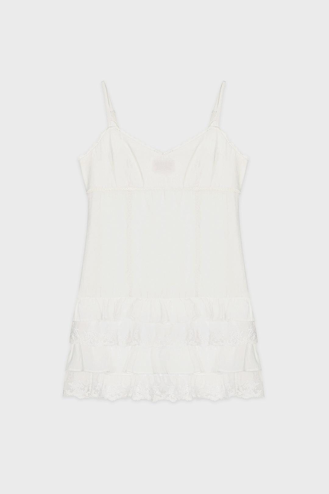 V-Neck Lace Mix Silky Dress (White)