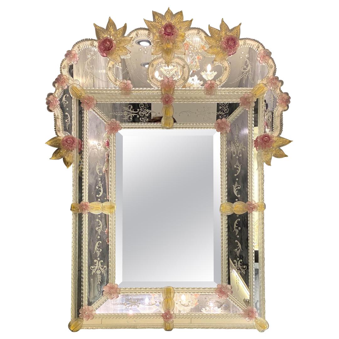 Charming Venetian Murano Glass Mirror with Pink Flowers