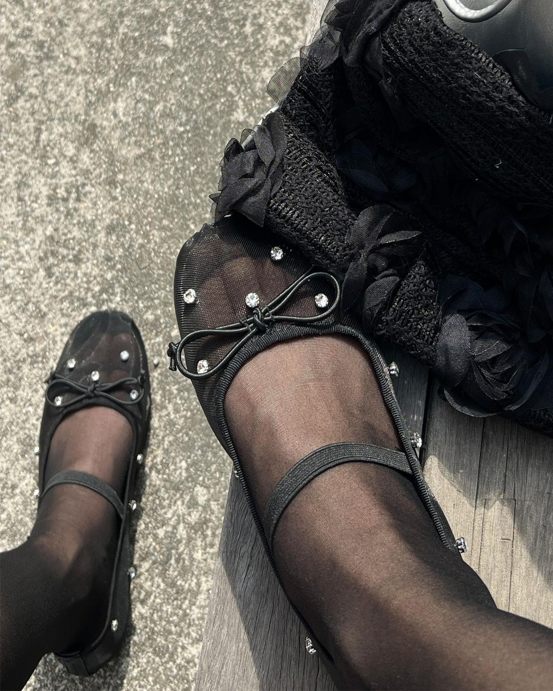 리본 시스루 도트 발레코어 메리제인 플랫 슈즈 (3color)