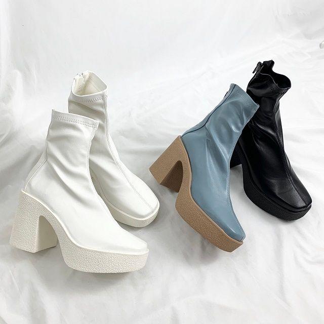 유니크 뒷지퍼 아웃솔 가보시 통굽 스판 삭스 앵클부츠힐 10cm