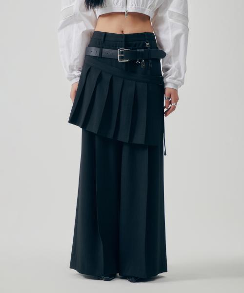 Flowing Pleated Layered Pants [ Black ]