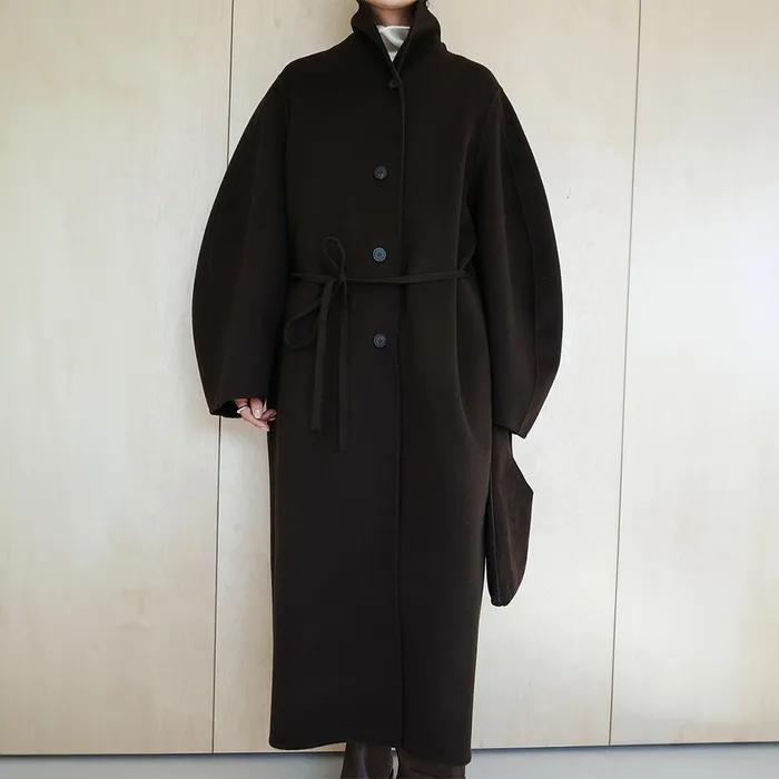 Balloon Sleeve Long Coat_Dark Brown