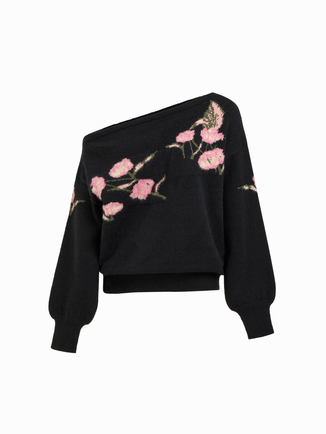 Knit Asymmetrical Neck Lantern Sleeve Floral Top