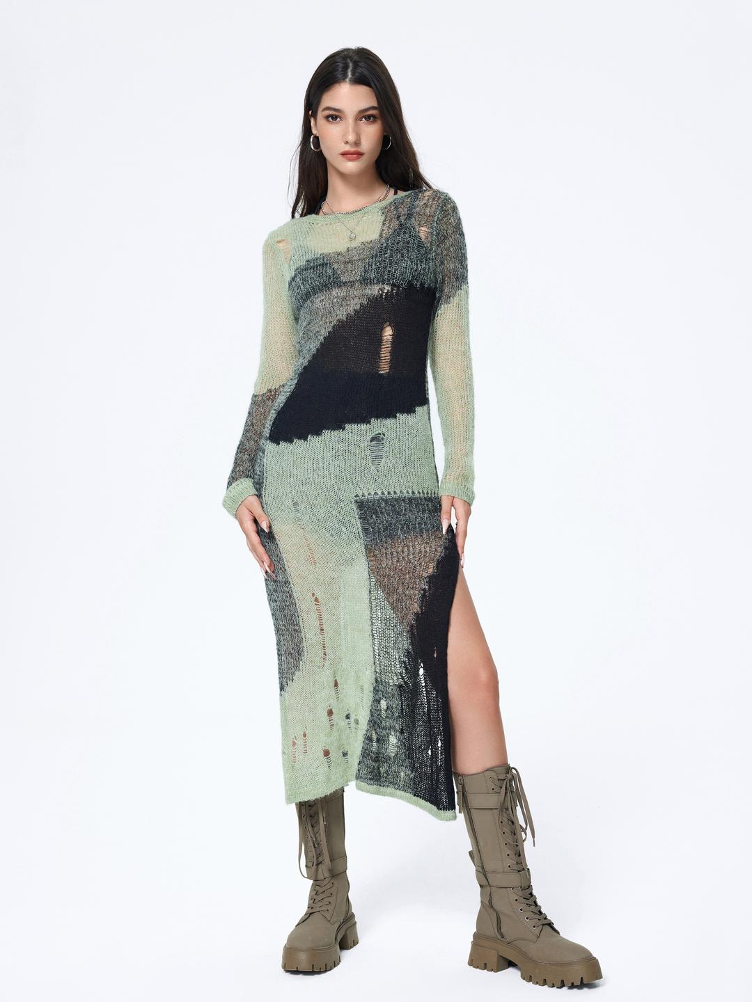 Patchwork Knit Ripped Midi Dress