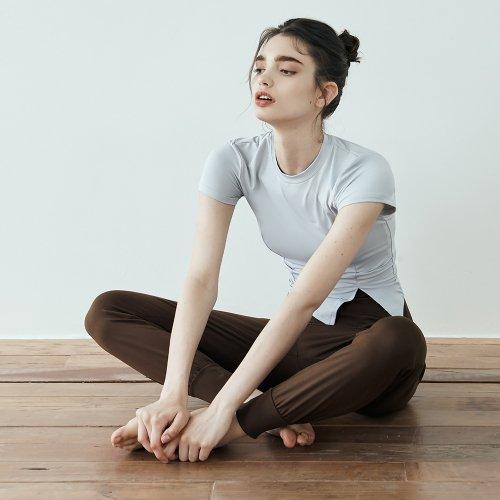 여성 요가복 DEVI-T0093-그레이 필라테스 웨이크 슬릿 반팔티