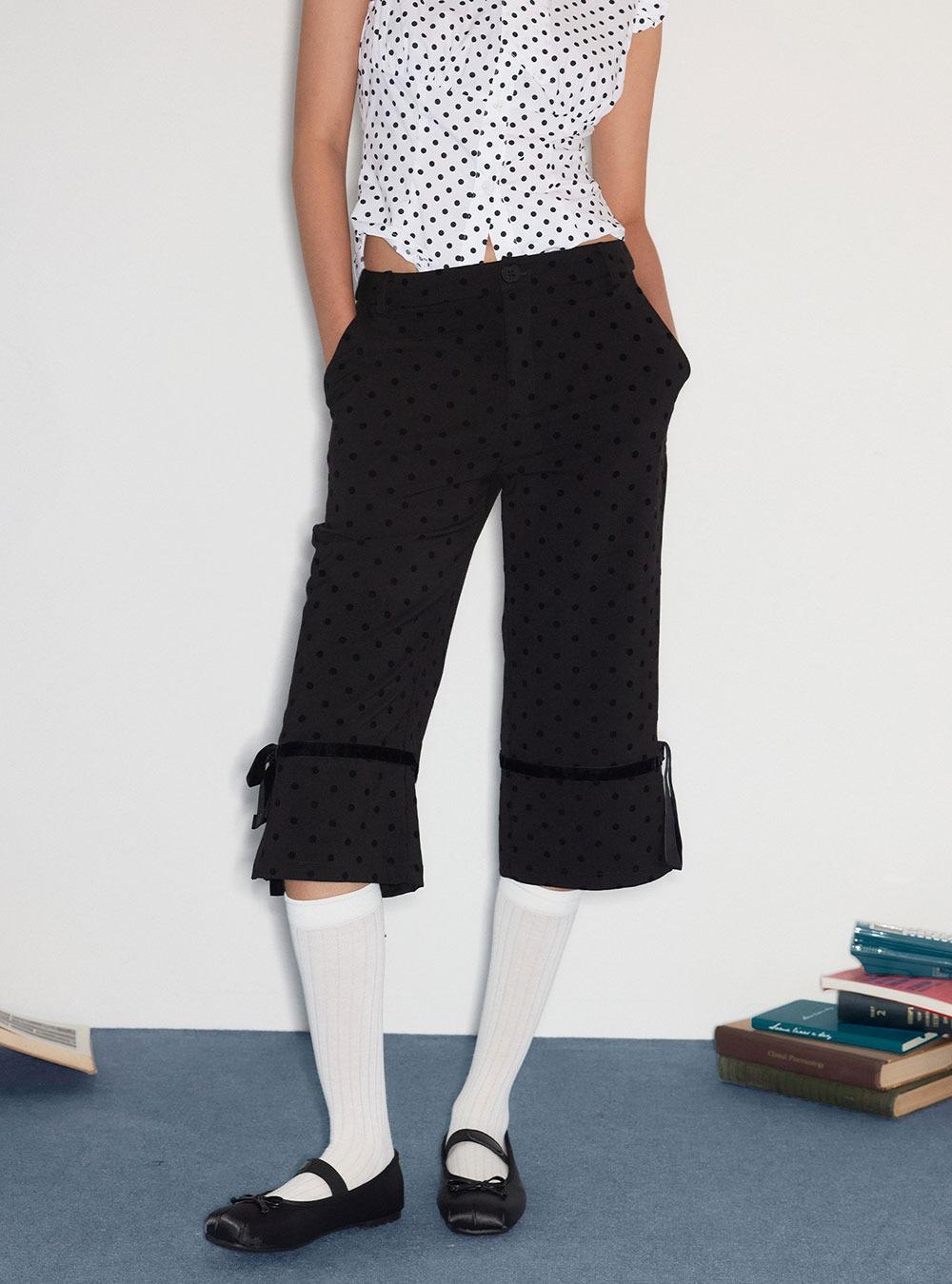 Black Flock Polka Dot Mid-Waist Cropped Pants