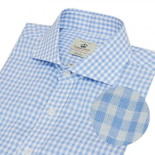 린넨 깅엄체크 와이드카라 슬림핏 셔츠 블루 1THTHC1MSU145