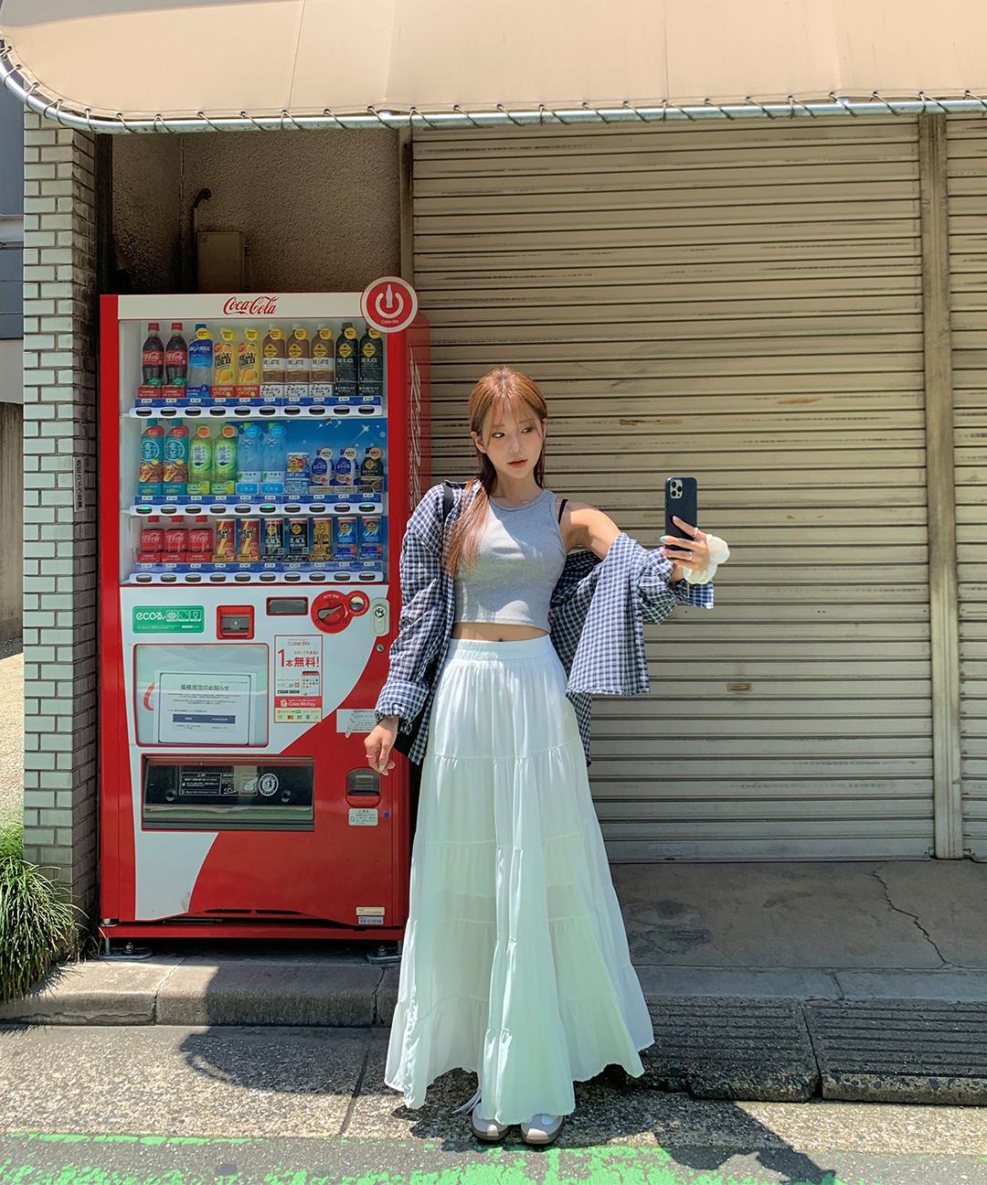밍피스 잇쿠 맥시 캉캉 주름 밴딩 롱스커트