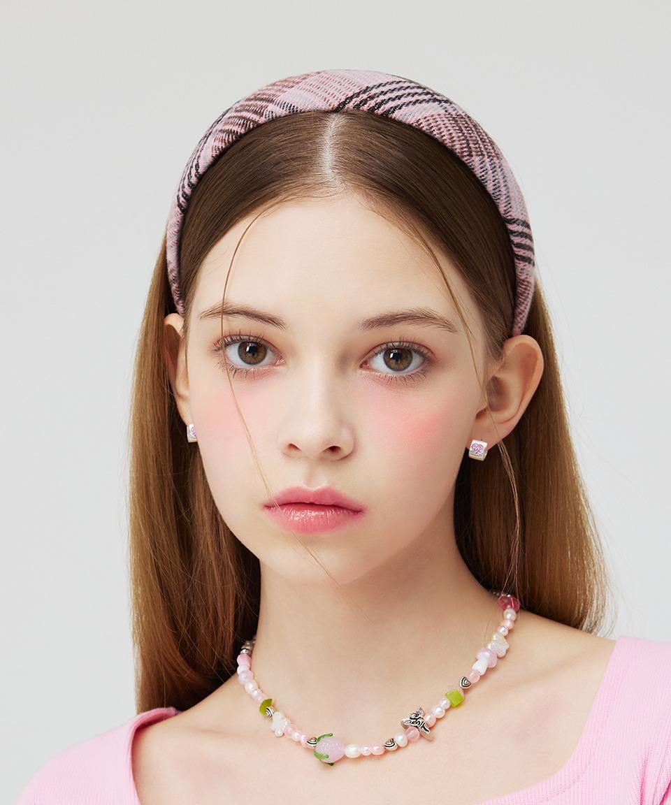 하이틴 볼륨 체크 헤어밴드 _ 핑크